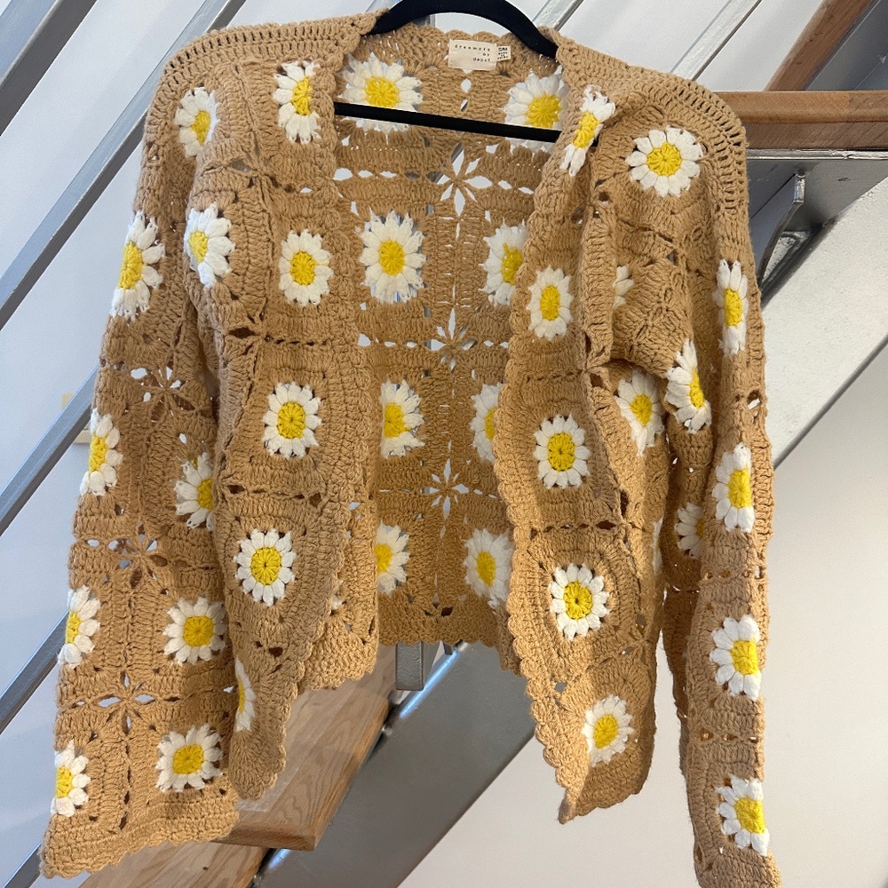 Yellow Flower Tan Crochet Sweater